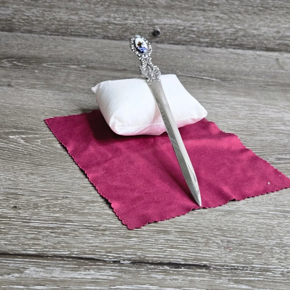 Vintage 800 Silver Ornate Letter Opener w/ Porcelain Windmill Scene 34g European
